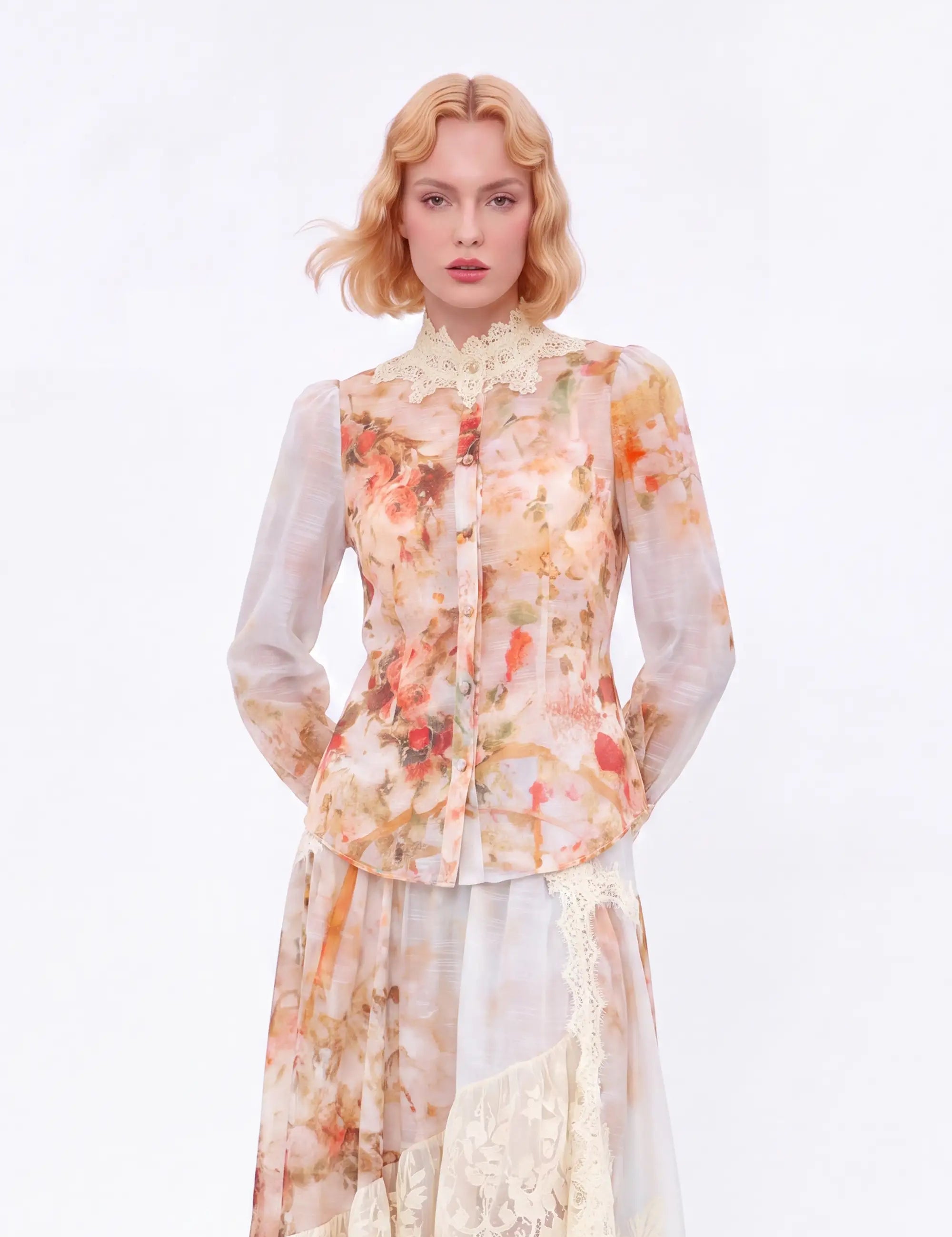Floral Print Asymmetrical Midi Skirt with Lace Overlay — model front view 1