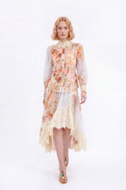 Floral Print Asymmetrical Midi Skirt with Lace Overlay — model front view 3