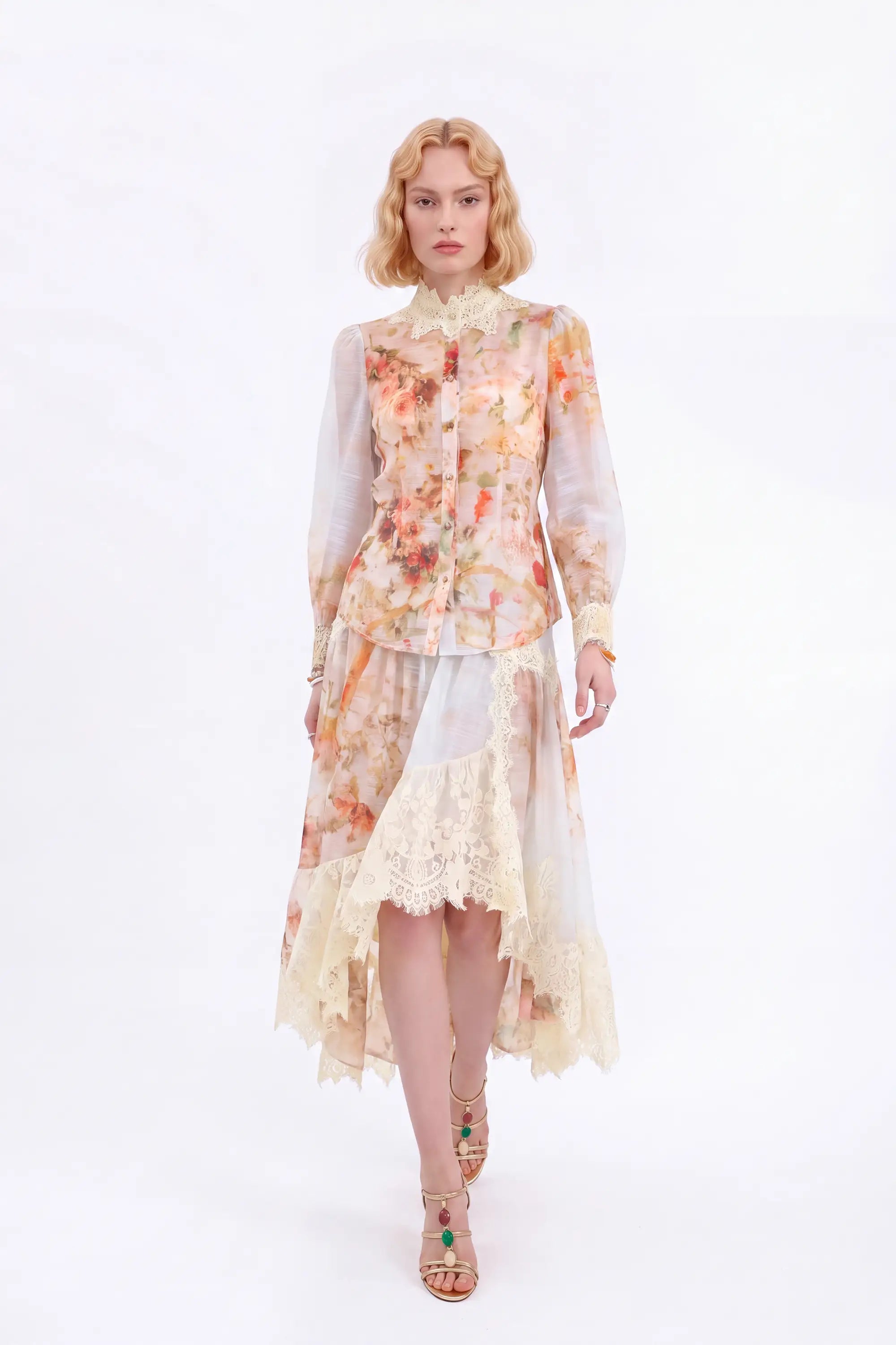 Floral Print Asymmetrical Midi Skirt with Lace Overlay — model front view 3