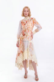 Floral Print Asymmetrical Midi Skirt with Lace Overlay — model front view 4
