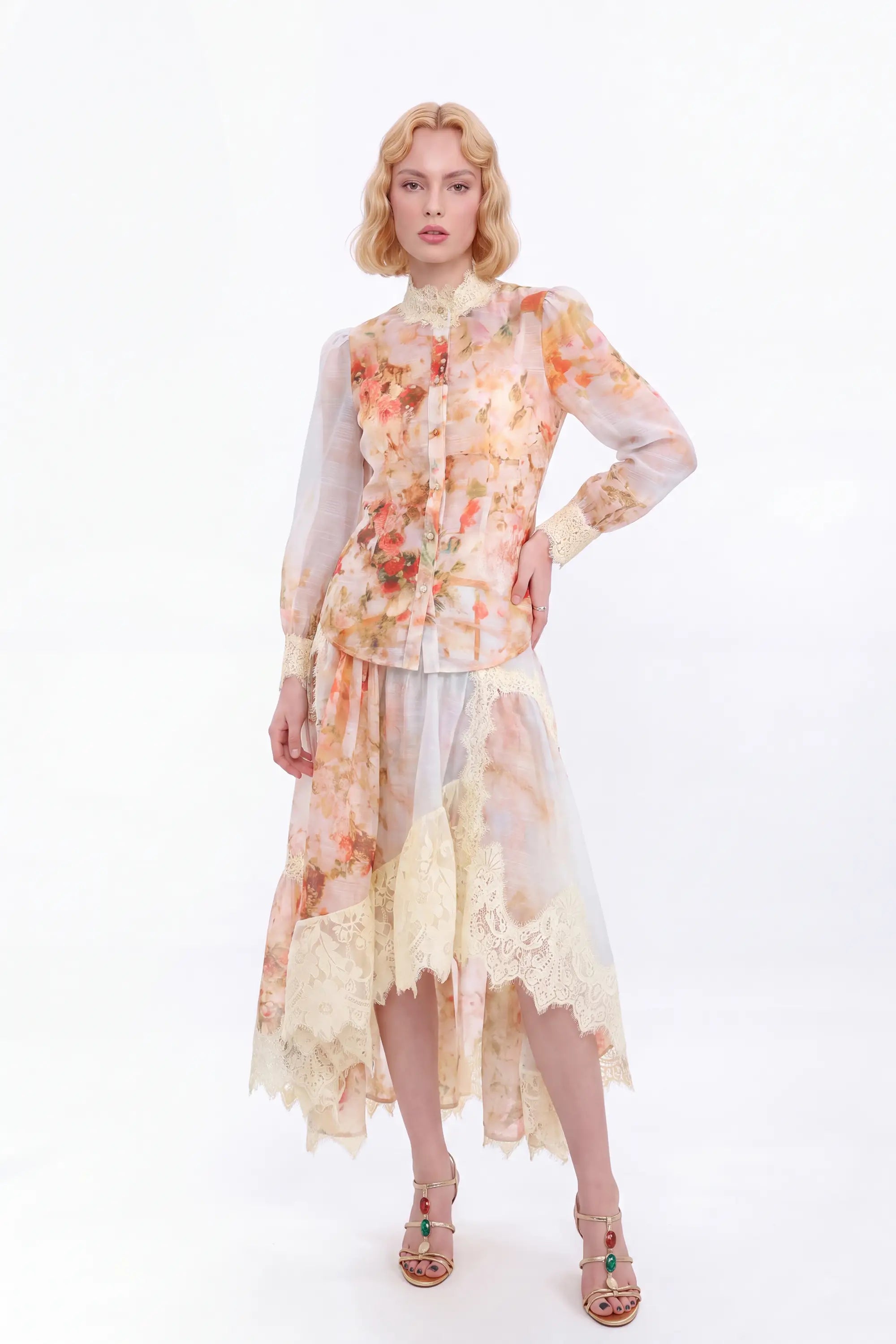 Floral Print Asymmetrical Midi Skirt with Lace Overlay — model front view 4