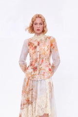 Floral Print High-Neck Blouse with Lace Trim and Puff Sleeves