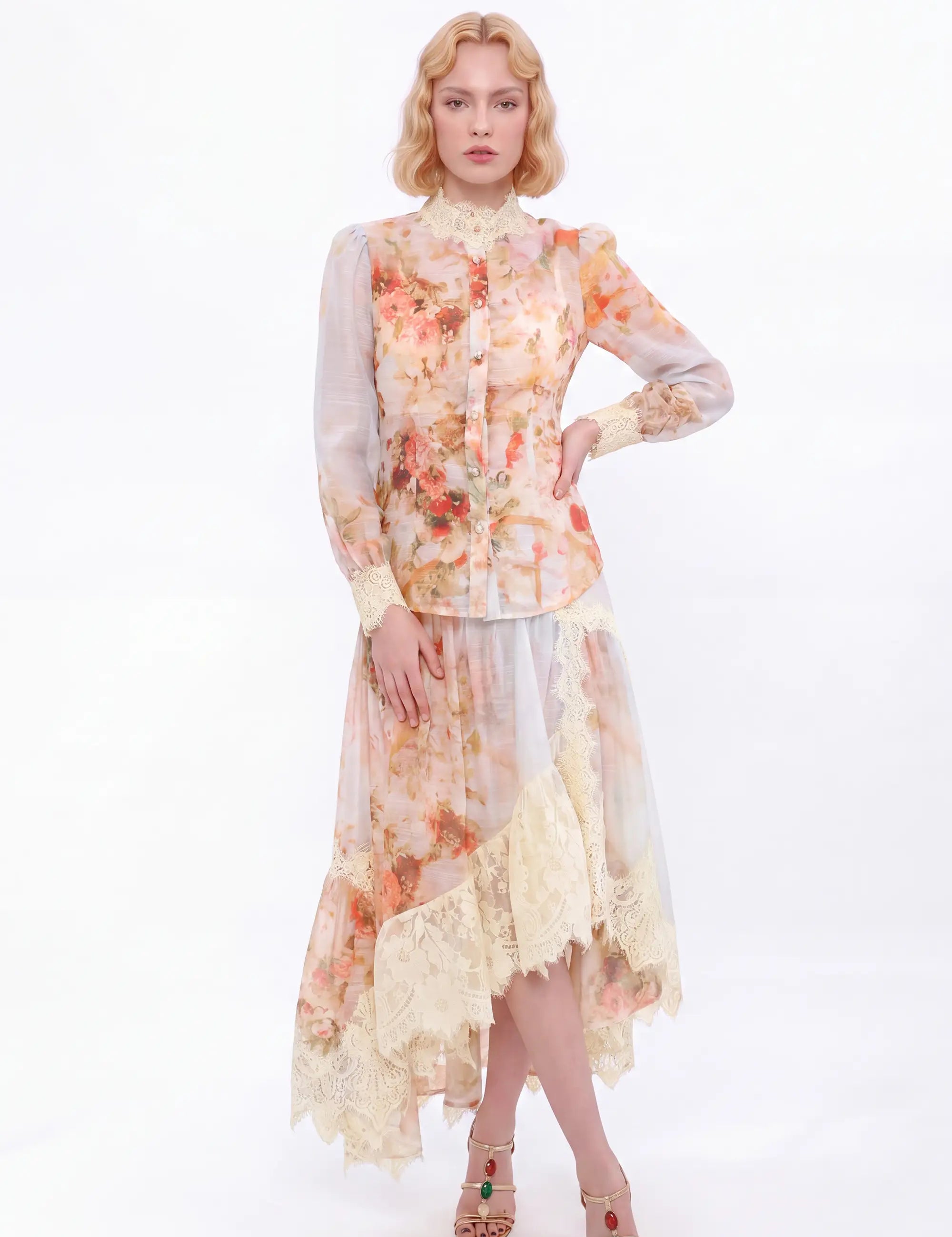 Floral Print High-Neck Blouse with Lace Trim and Puff Sleeves — model front view 2