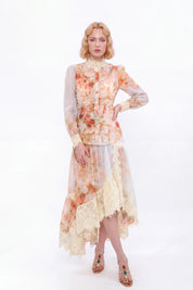Floral Print High-Neck Blouse with Lace Trim and Puff Sleeves — model front view 2