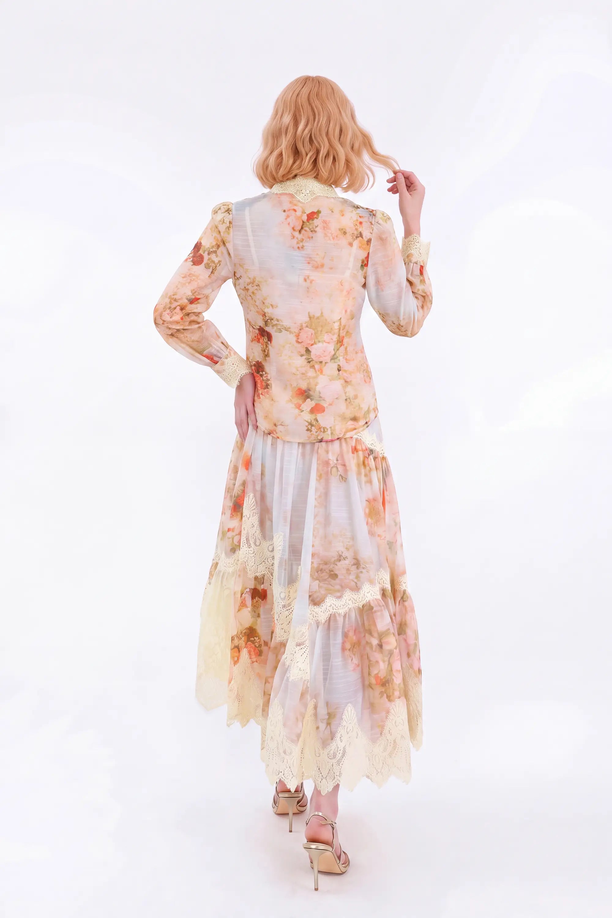 Floral Print High-Neck Blouse with Lace Trim and Puff Sleeves — model front view 5