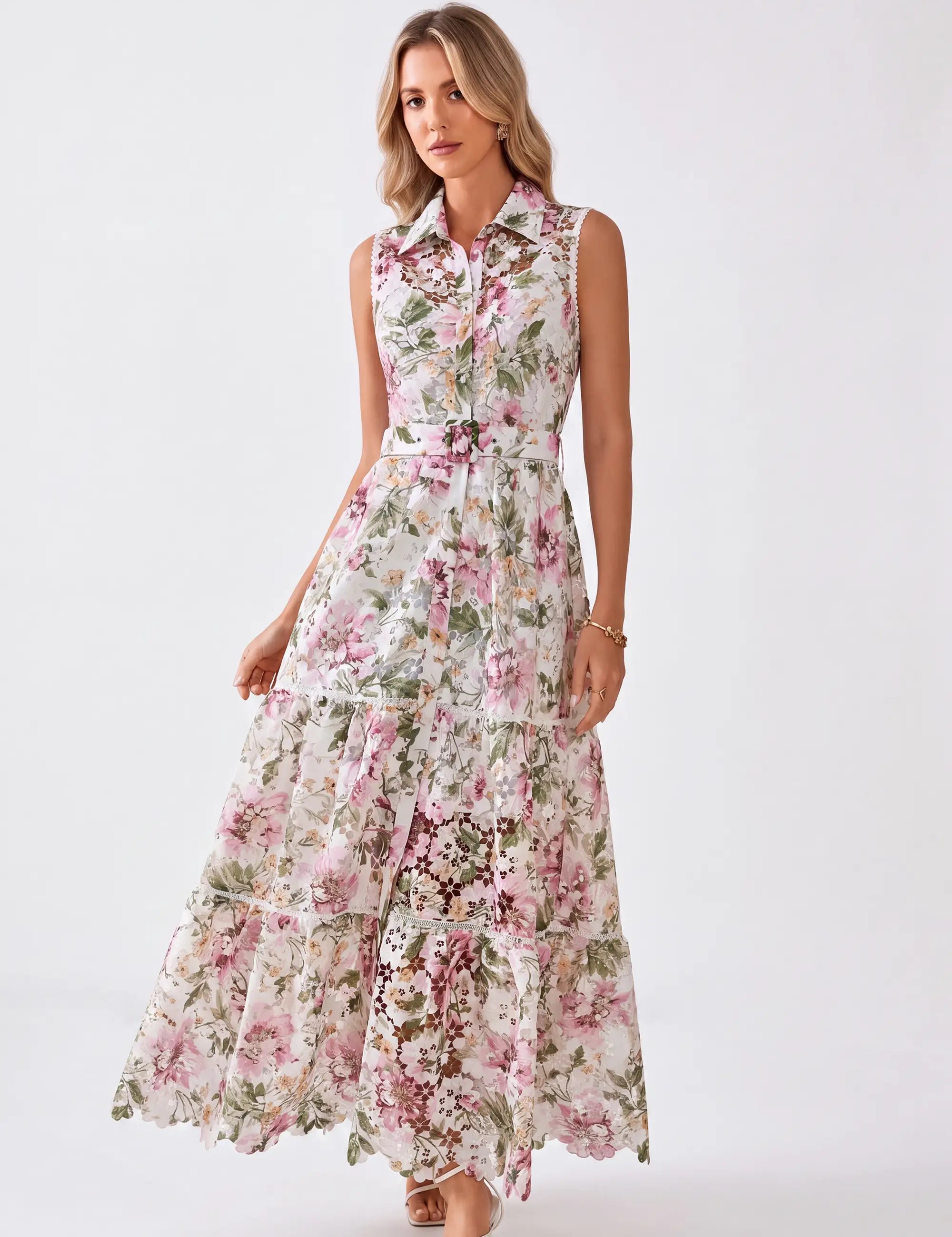 Elppis Floral Print Long Sleeve Shirt Dress, white-background full-length front view on model — SKU 1J5K09808BR