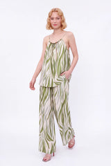 Green Abstract Stripe Beaded Halter Camisole