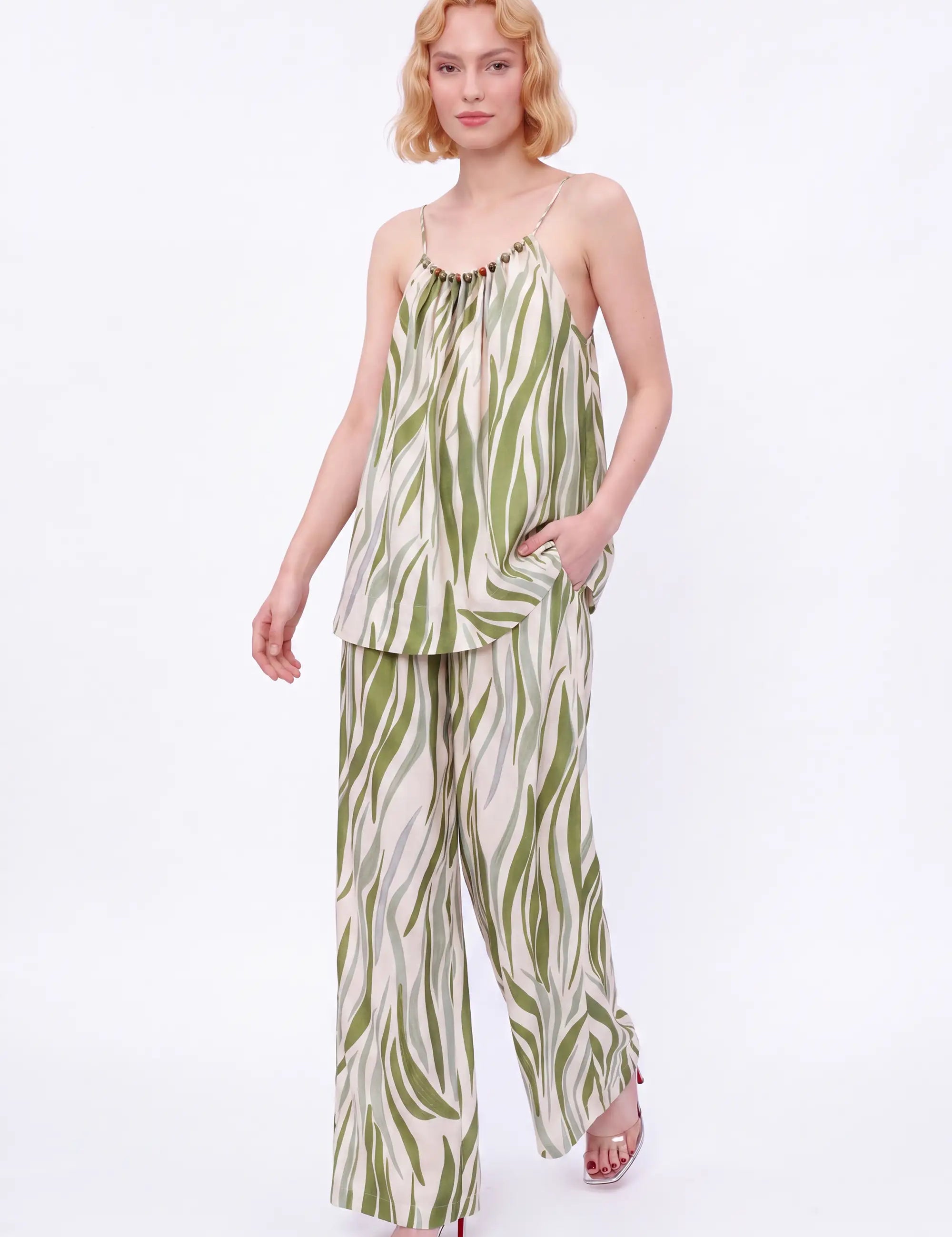 Elppis Green Abstract Stripe Beaded Wide-Leg Pants modeled on a white background, full-length front view