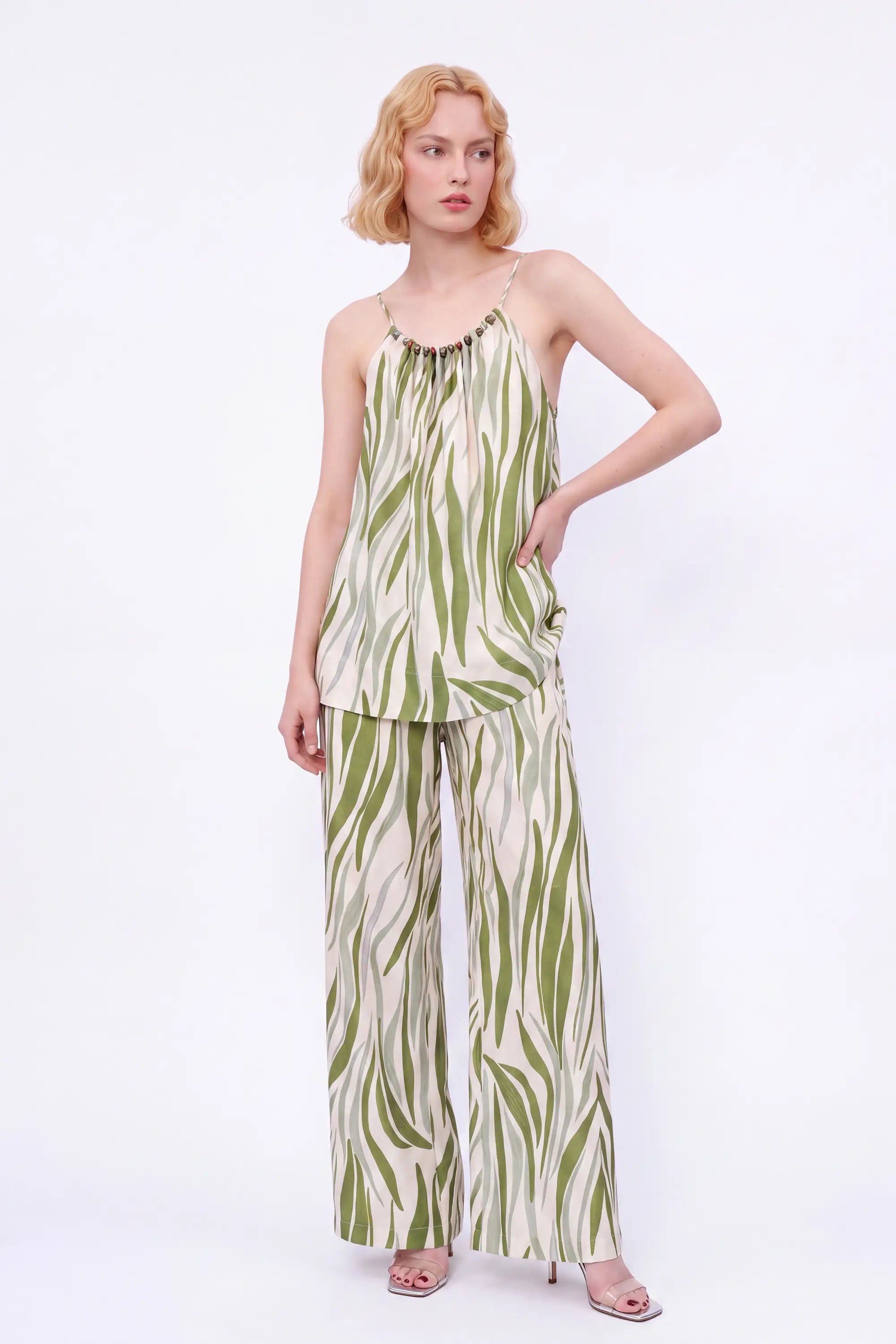Elppis Green Abstract Stripe Beaded Wide-Leg Pants modeled on a white background, front view