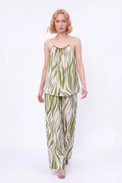 Elppis Green Abstract Stripe Beaded Wide-Leg Pants modeled on a white background, full-length view