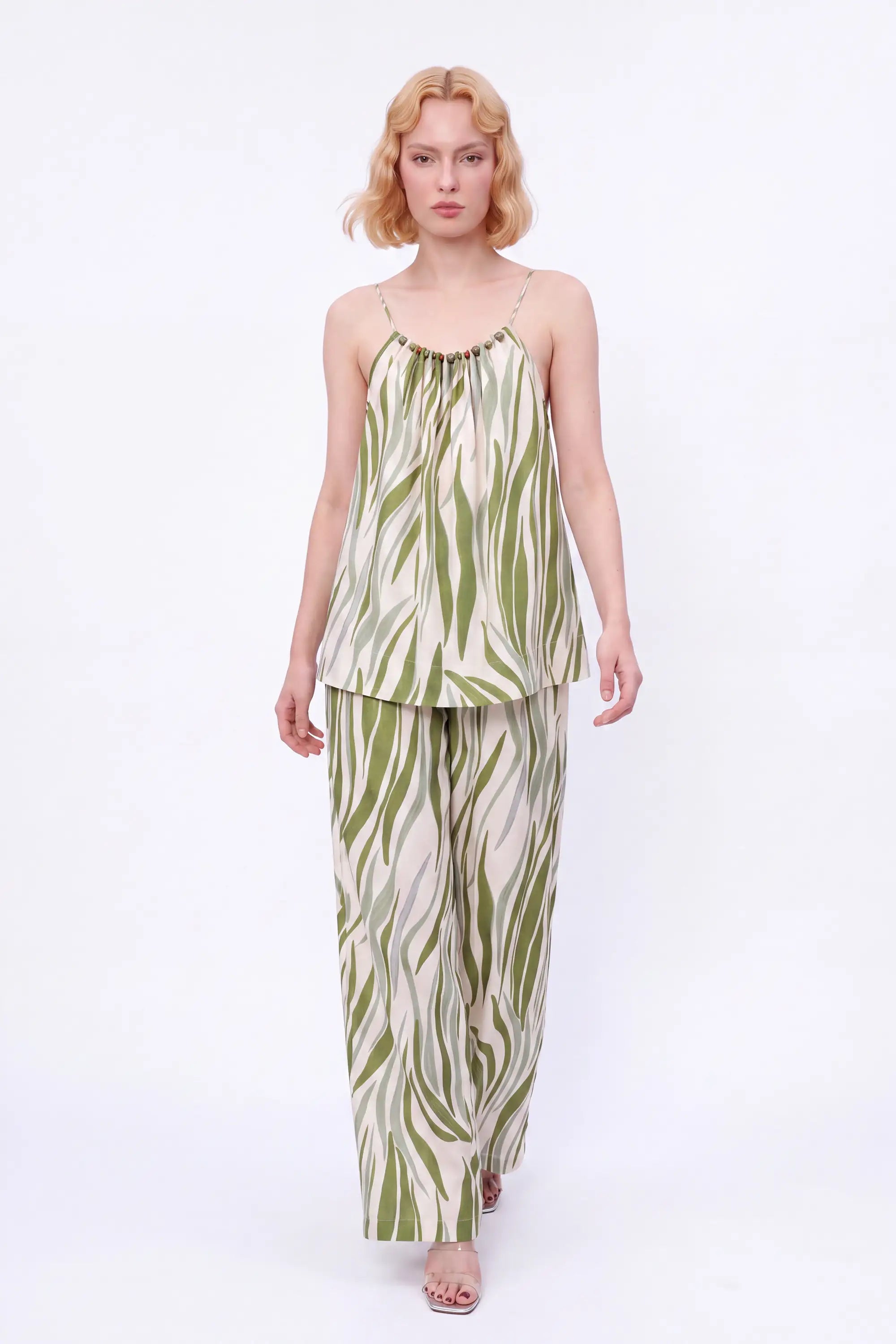 Elppis Green Abstract Stripe Beaded Wide-Leg Pants modeled on a white background, full-length view