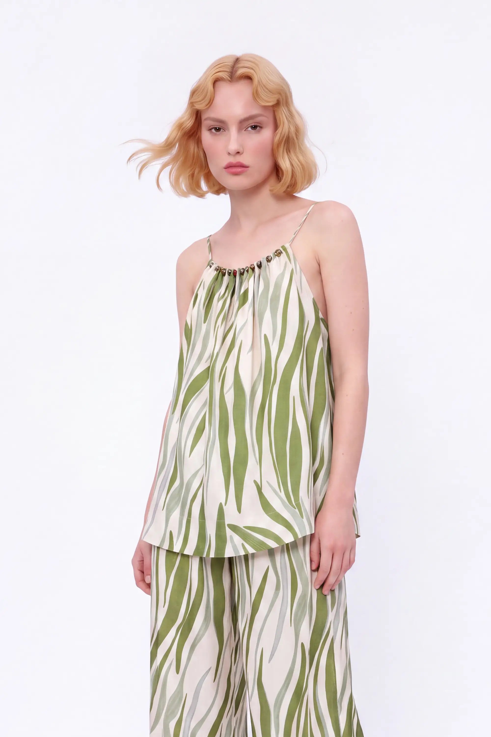 Elppis Green Abstract Stripe Beaded Wide-Leg Pants modeled on a white background, close front view