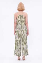Elppis Green Abstract Stripe Beaded Wide-Leg Pants modeled on a white background, back view