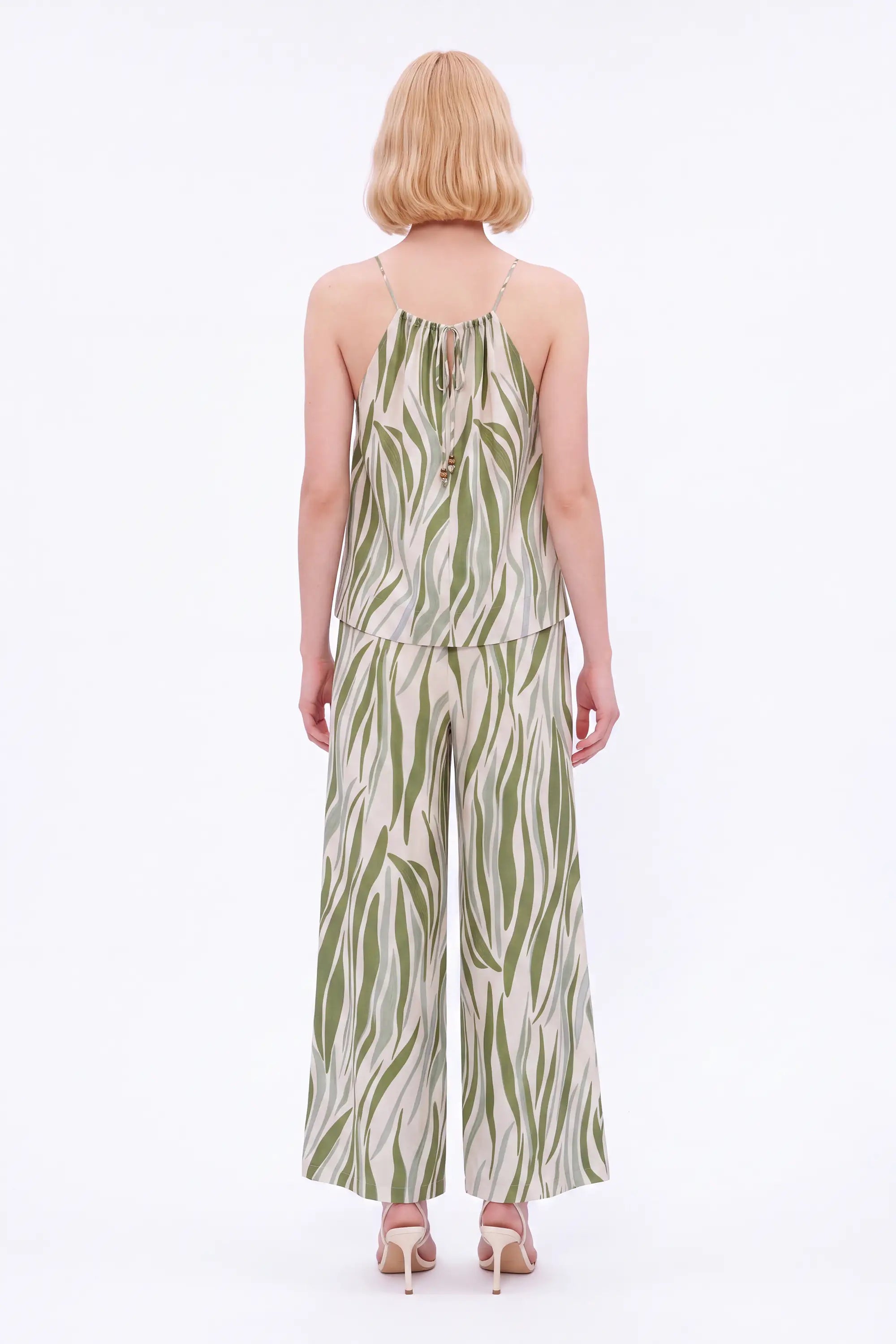 Elppis Green Abstract Stripe Beaded Wide-Leg Pants modeled on a white background, back view