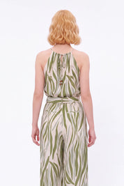 Elppis Green Abstract Stripe Beaded Wide-Leg Pants modeled on a white background, close back view