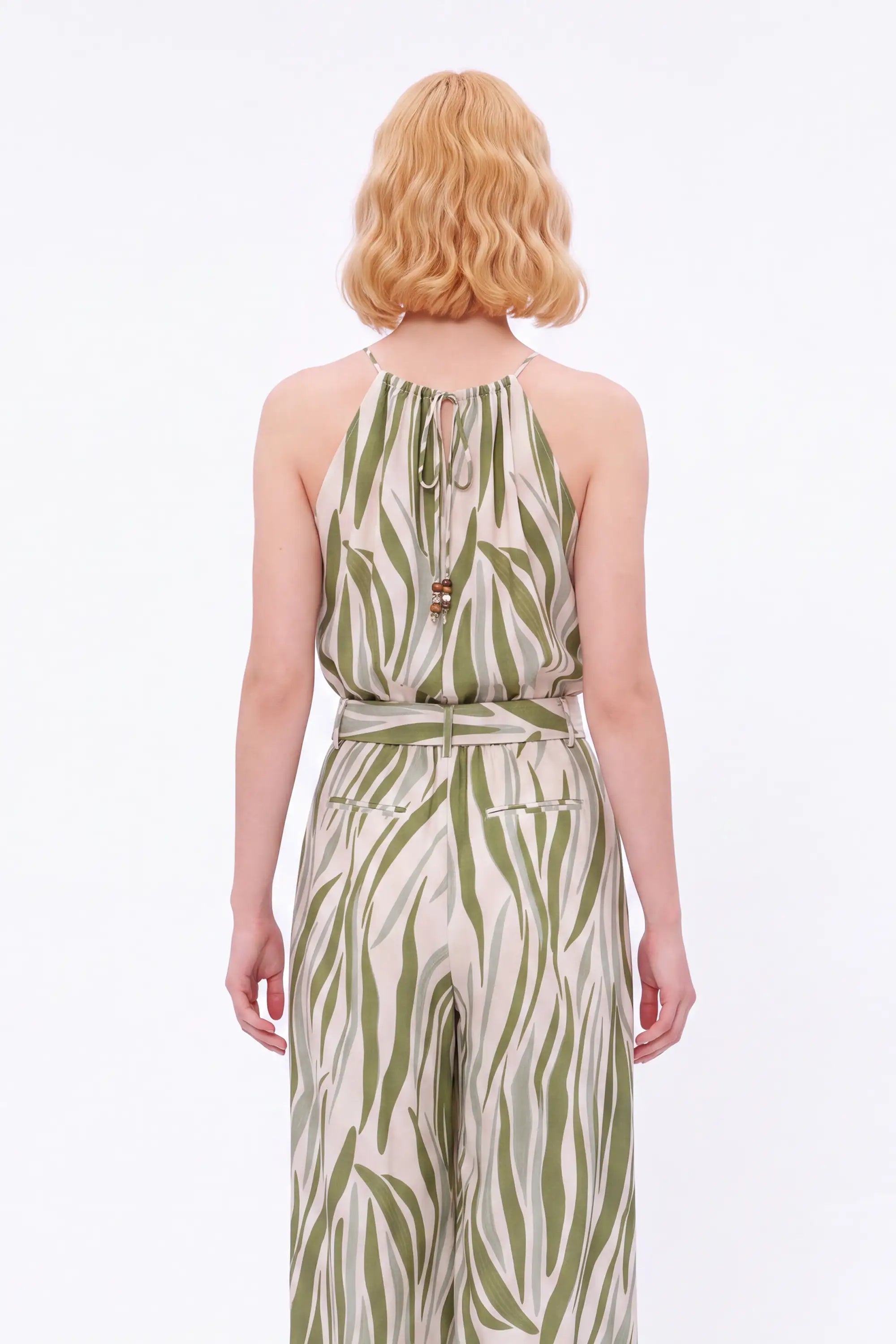 Elppis Green Abstract Stripe Beaded Wide-Leg Pants modeled on a white background, close back view