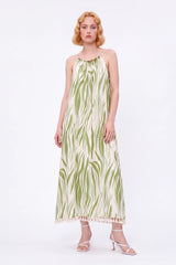 Green Leaf Print Halter Maxi Dress with Pom-Pom Hem