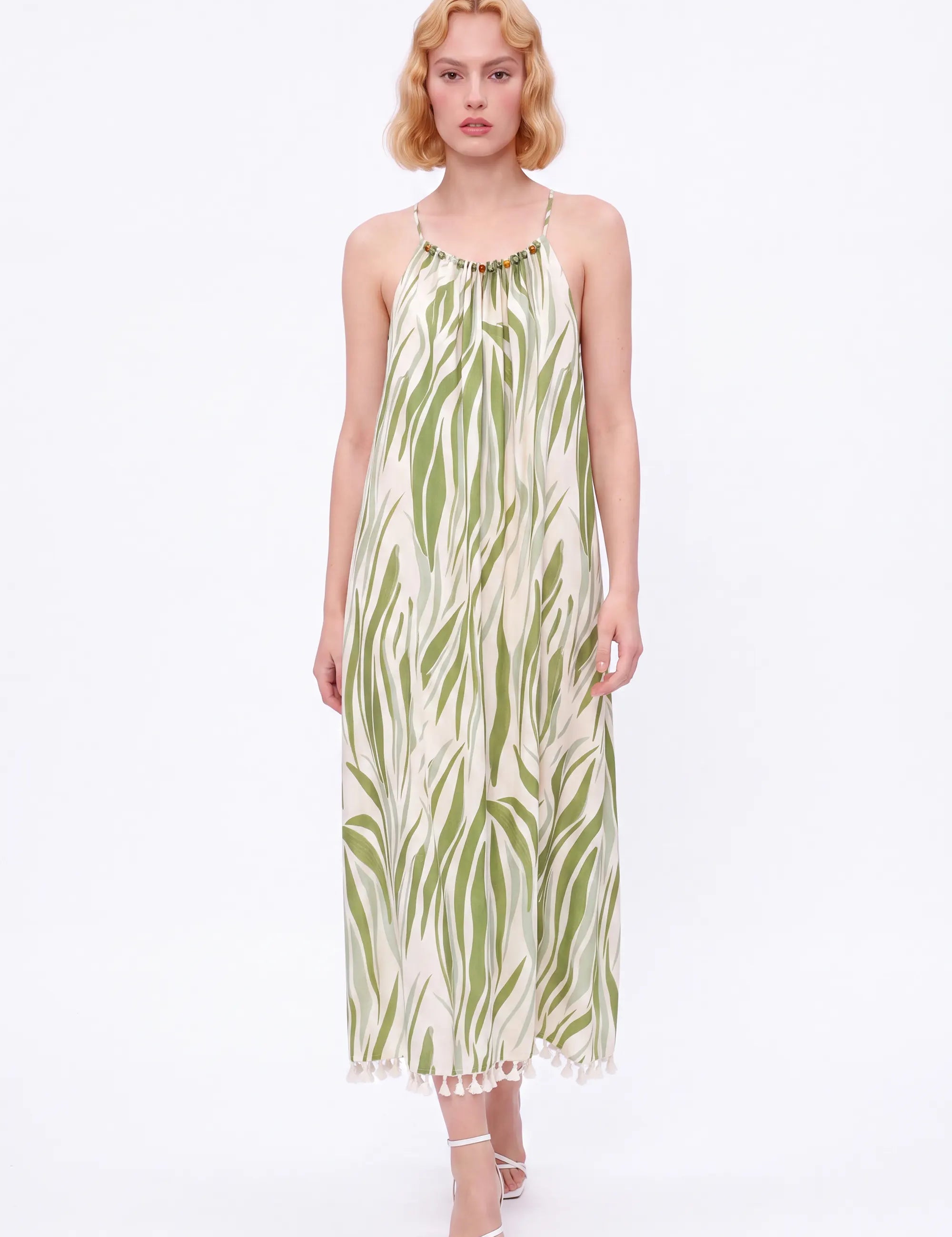 Green Leaf Print Halter Maxi Dress with Pom-Pom Hem — Model White Background View 2