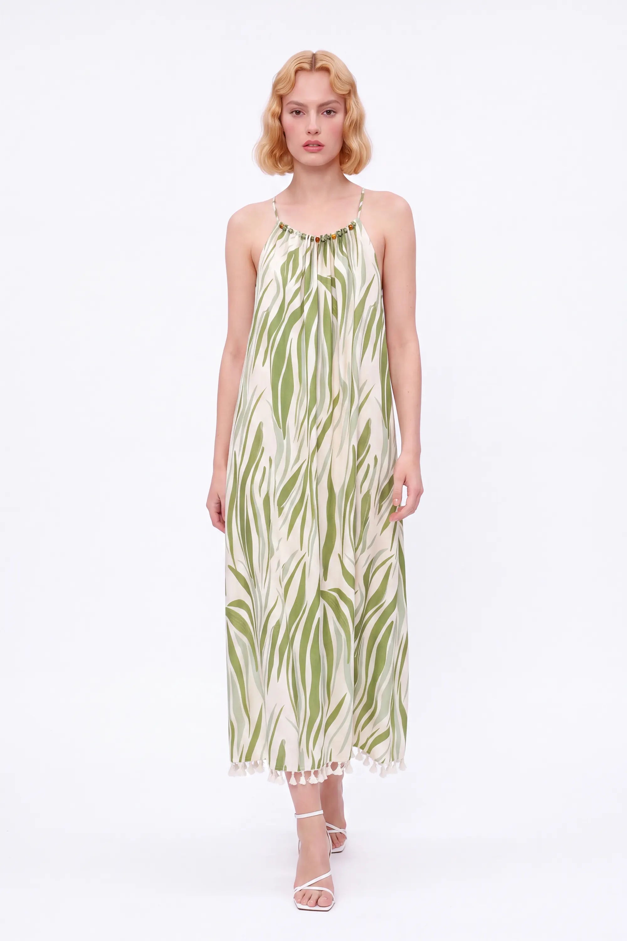 Green Leaf Print Halter Maxi Dress with Pom-Pom Hem — Model White Background View 2