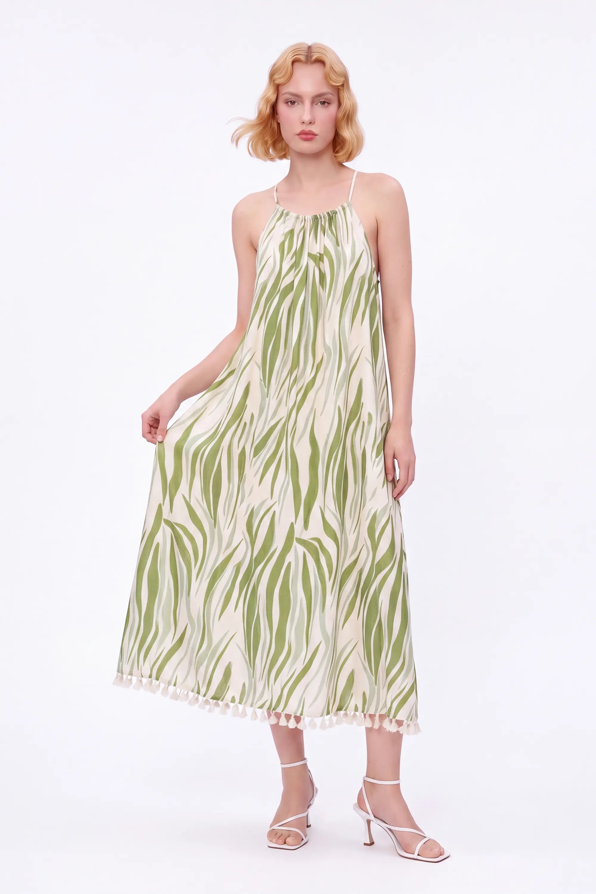 Green Leaf Print Halter Maxi Dress with Pom-Pom Hem — Model White Background View 4