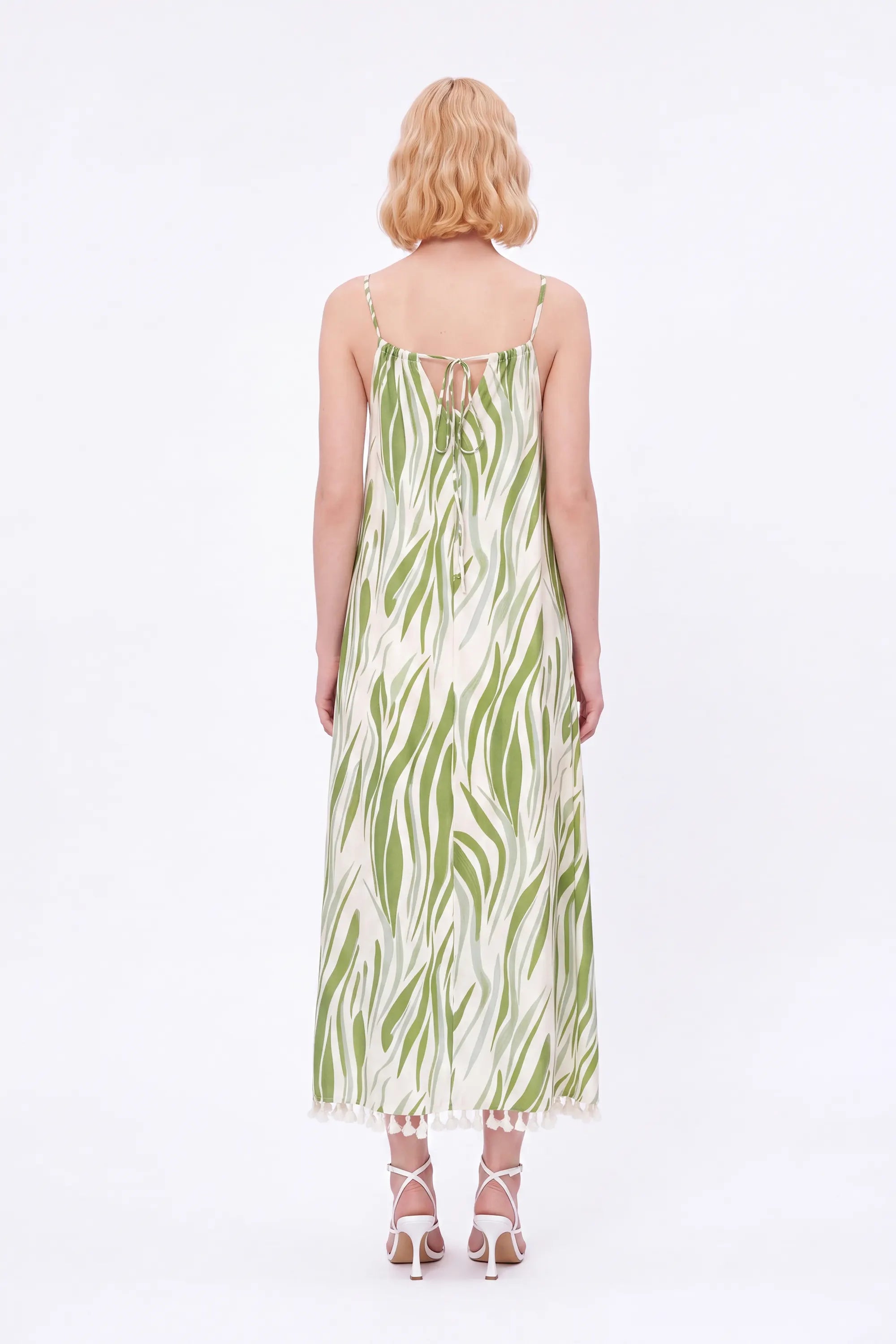 Green Leaf Print Halter Maxi Dress with Pom-Pom Hem — Model White Background View 5