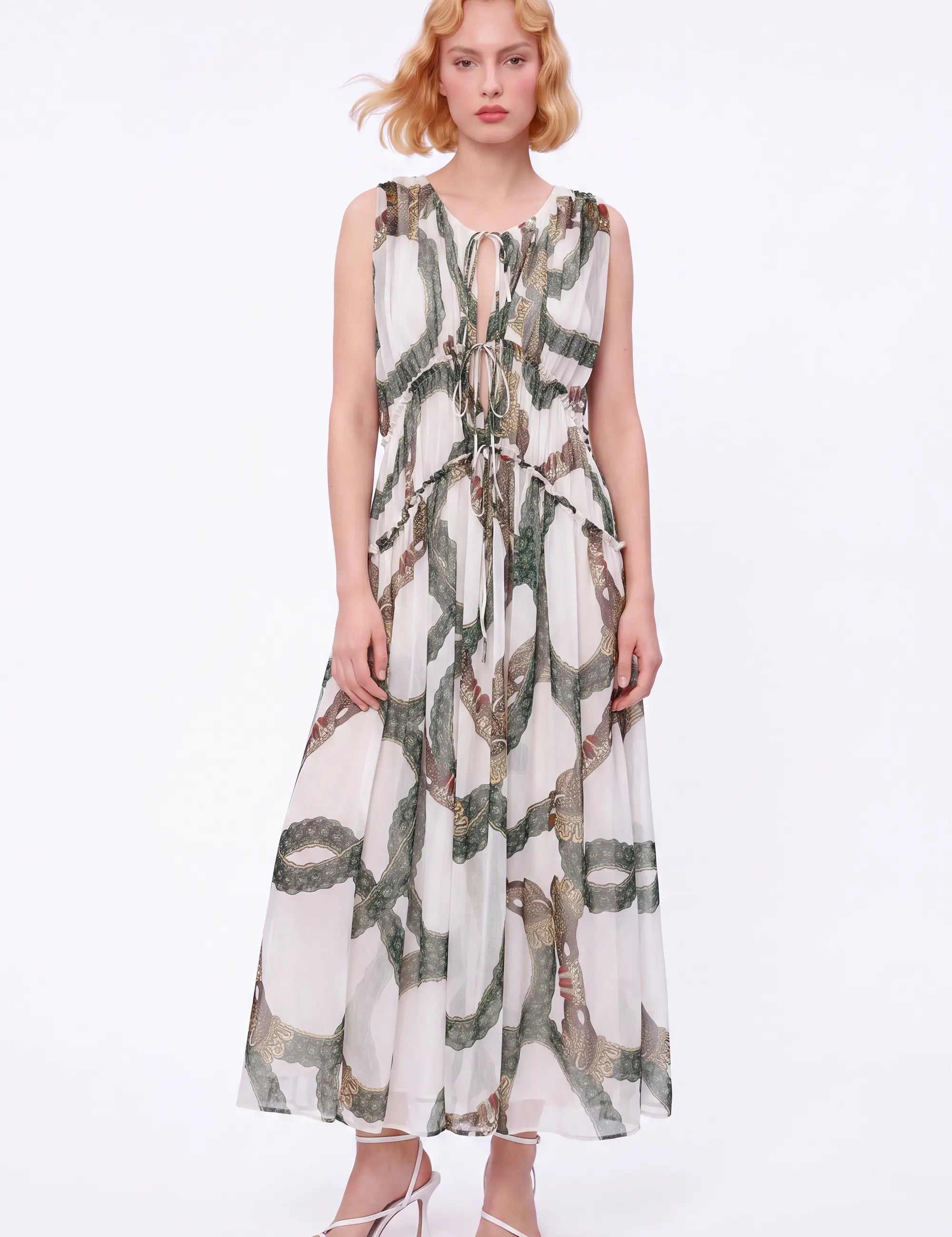 Green Ornamental-Print Halter Maxi Dress — Model White Background Front