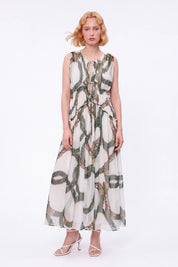 Green Ornamental-Print Halter Maxi Dress — Model White Background Front