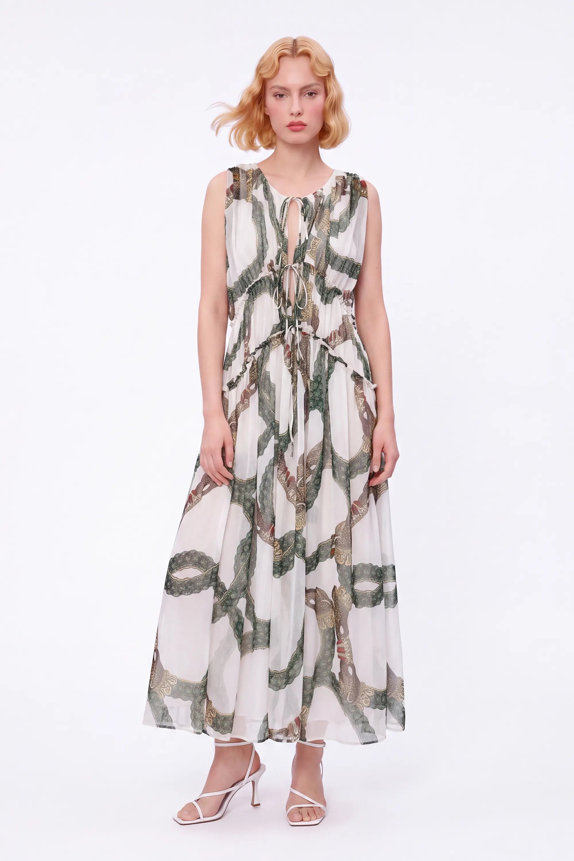 Green Ornamental-Print Halter Maxi Dress — Model White Background Front