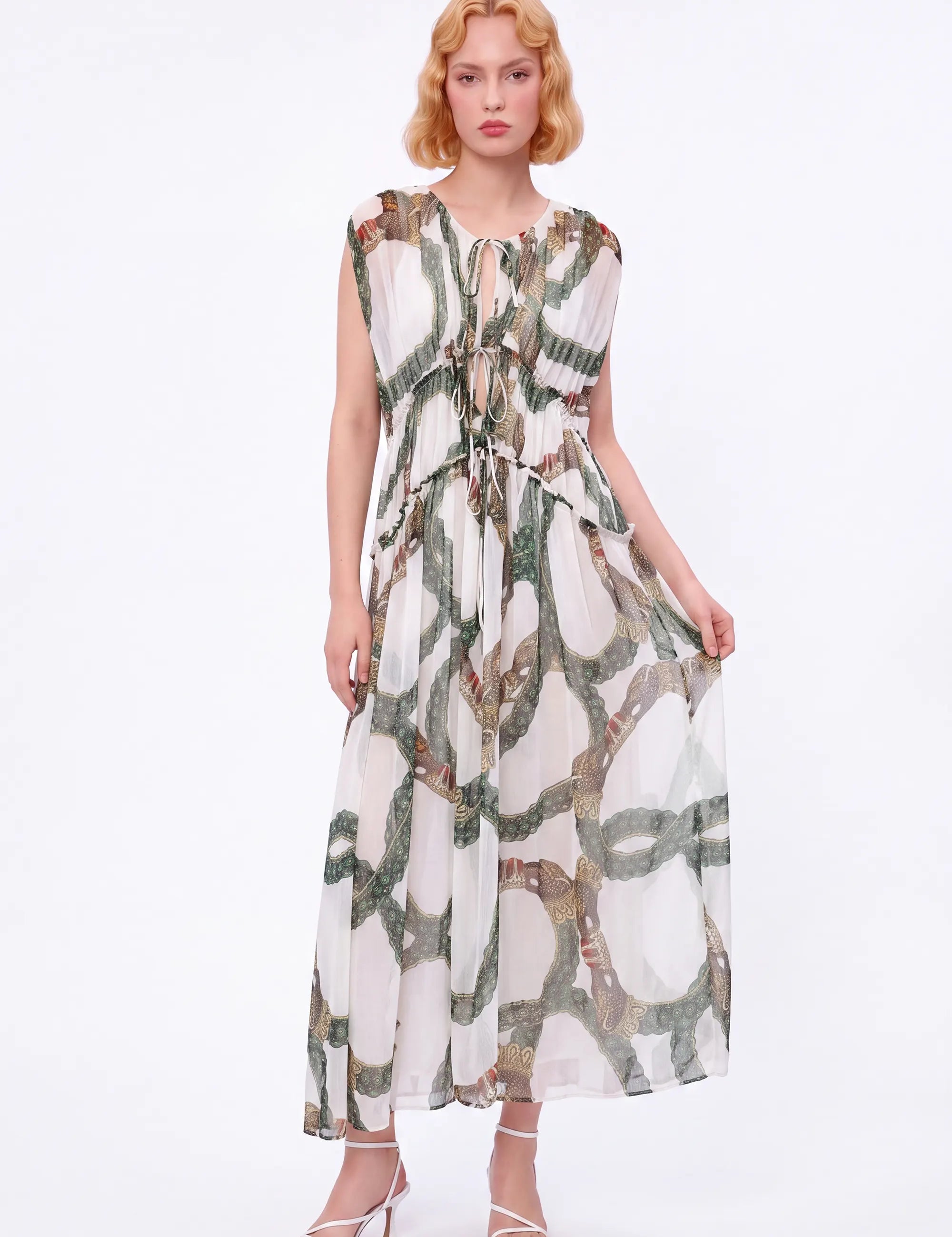 Green Ornamental-Print Halter Maxi Dress — Model White Background View 2