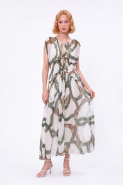 Green Ornamental-Print Halter Maxi Dress — Model White Background View 2