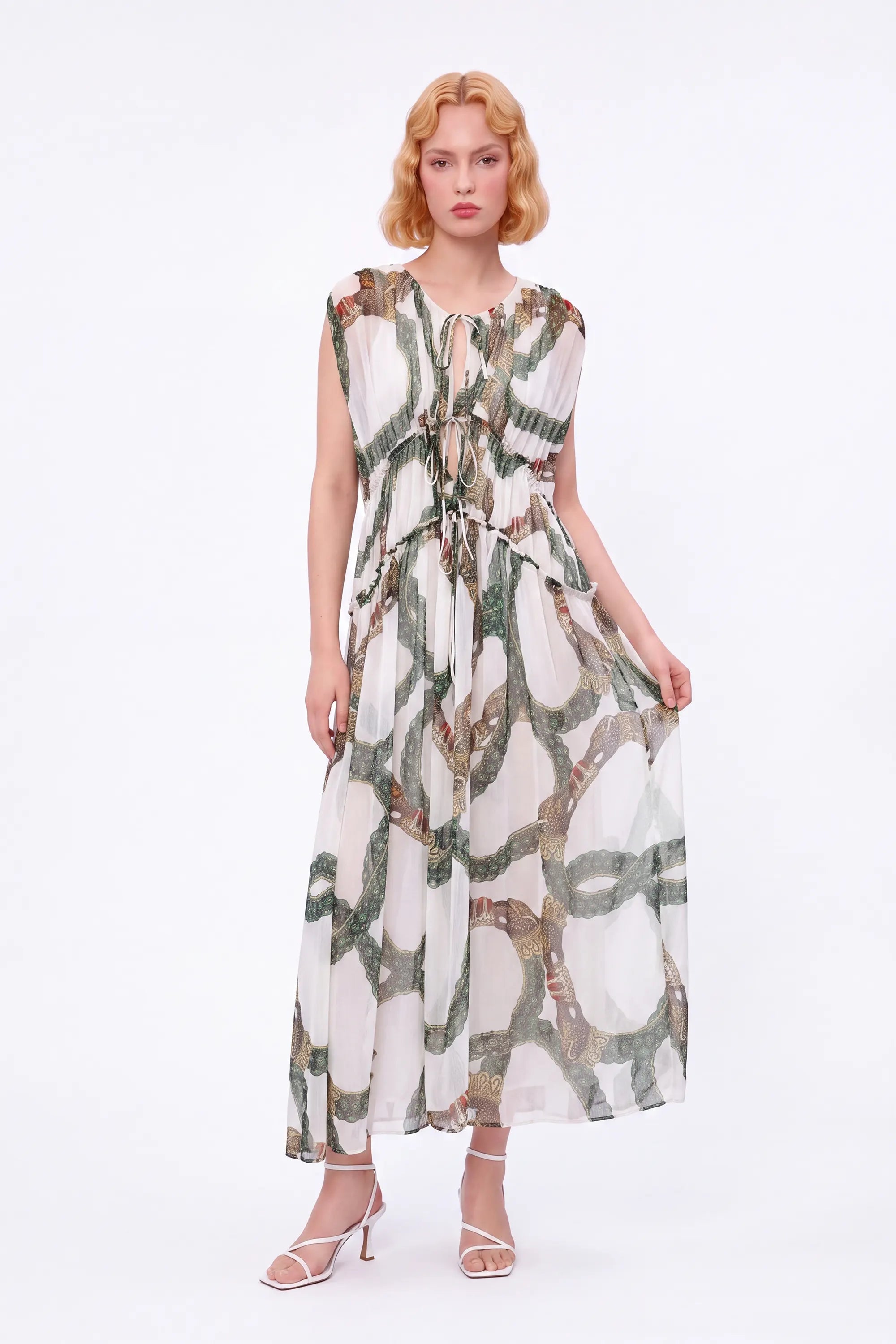 Green Ornamental-Print Halter Maxi Dress — Model White Background View 2