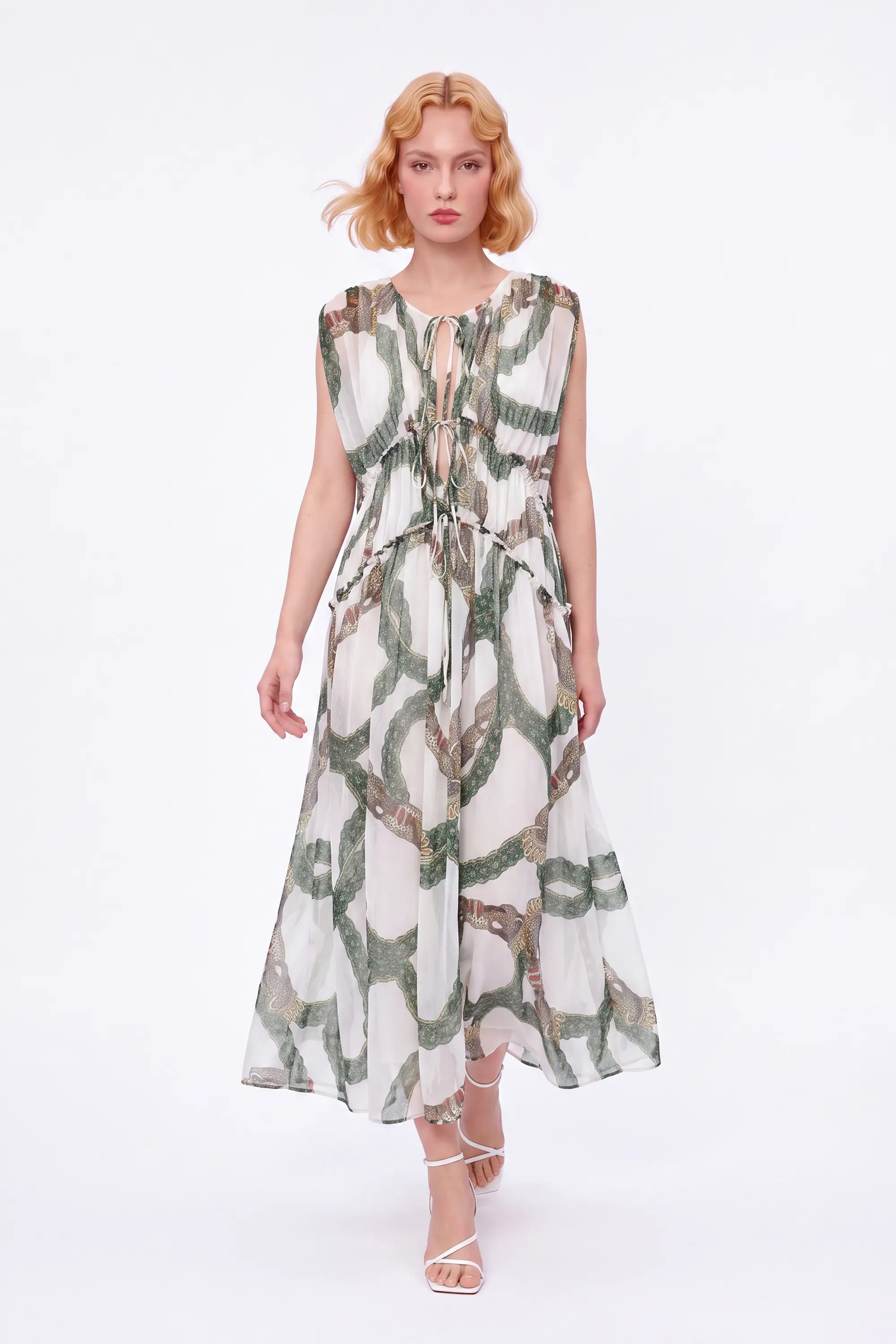 Green Ornamental-Print Halter Maxi Dress — Model White Background View 3