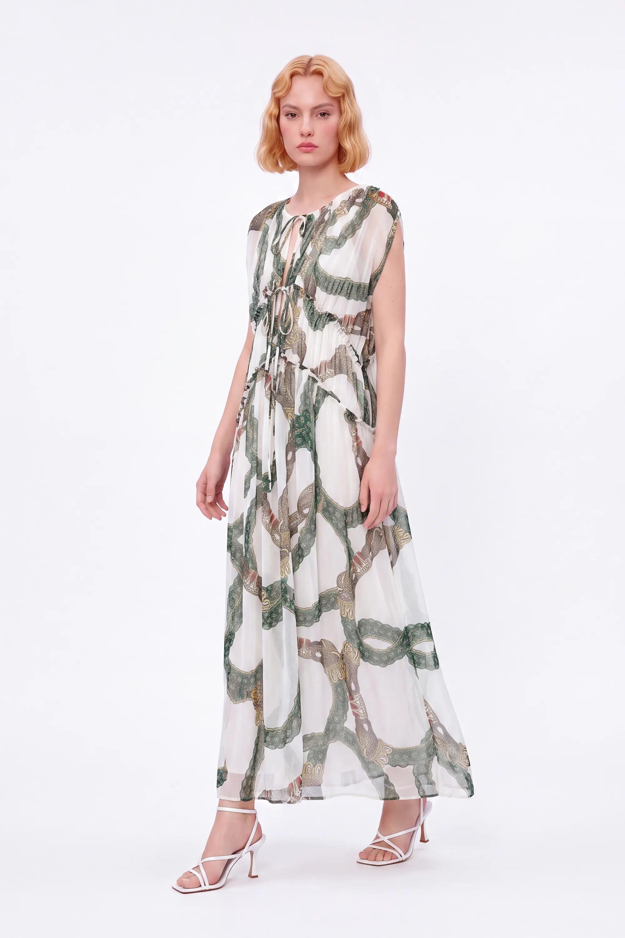 Green Ornamental-Print Halter Maxi Dress — Model White Background View 4