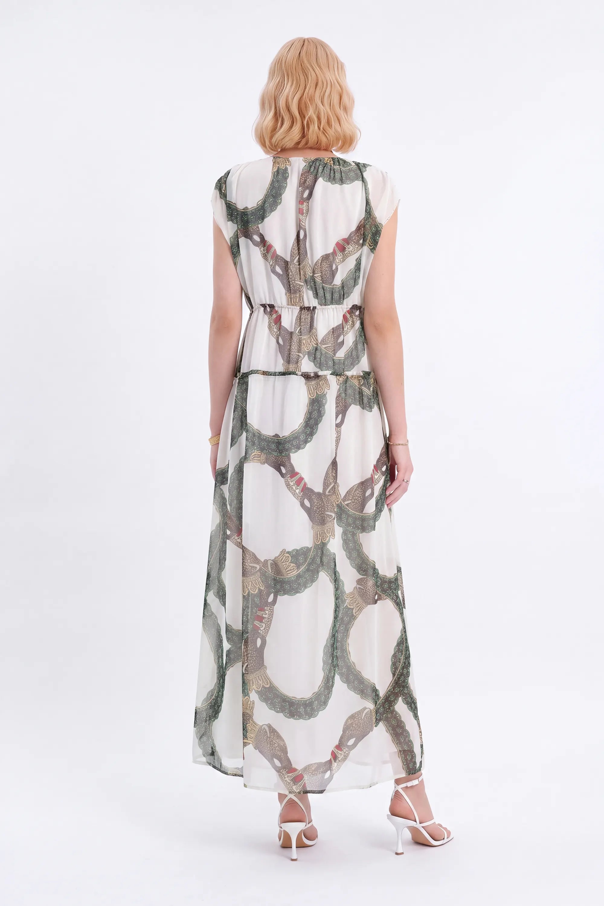 Green Ornamental-Print Halter Maxi Dress — Model White Background View 5