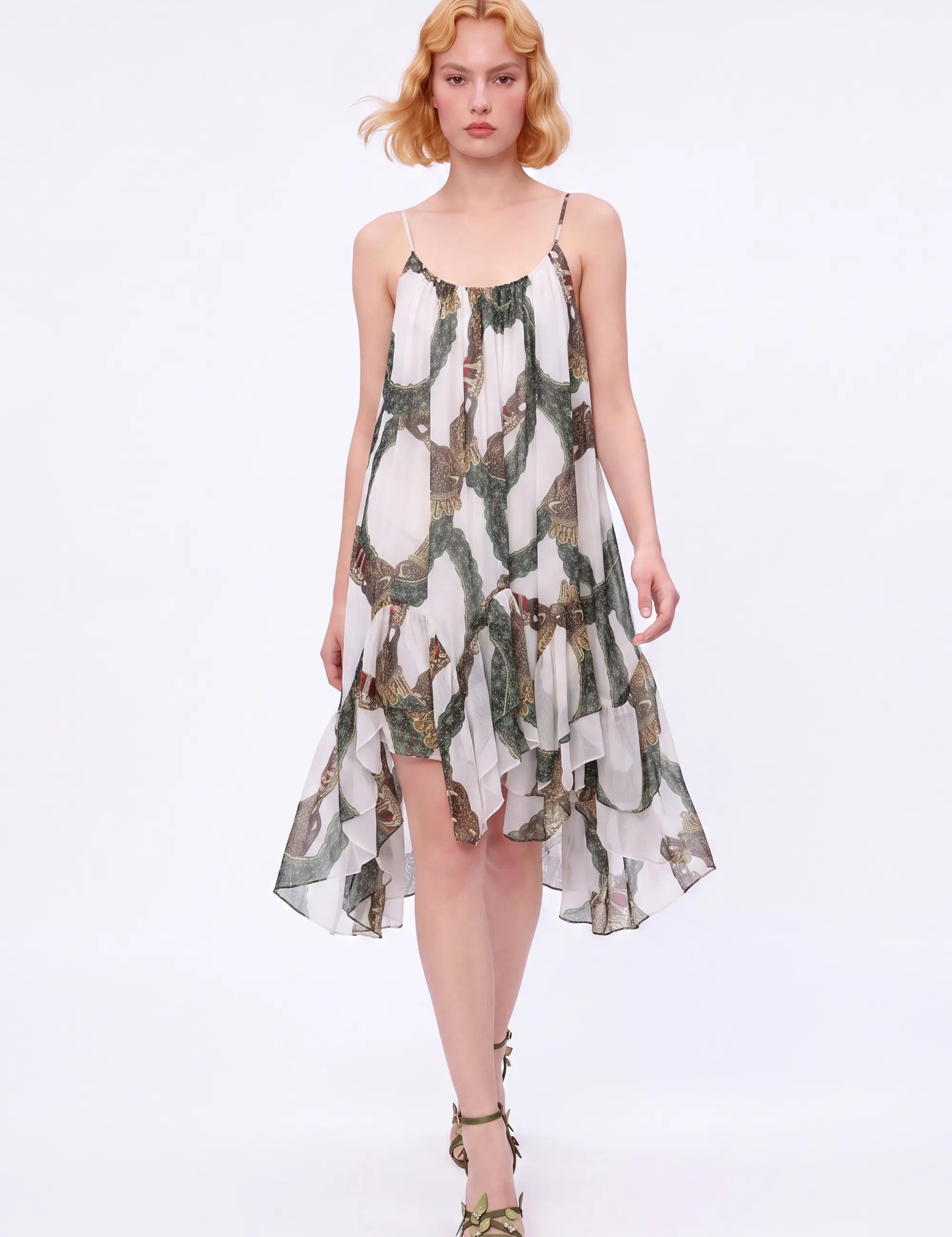 Green Ornamental-Print Tiered Cami Mini Dress — Model White Background Front