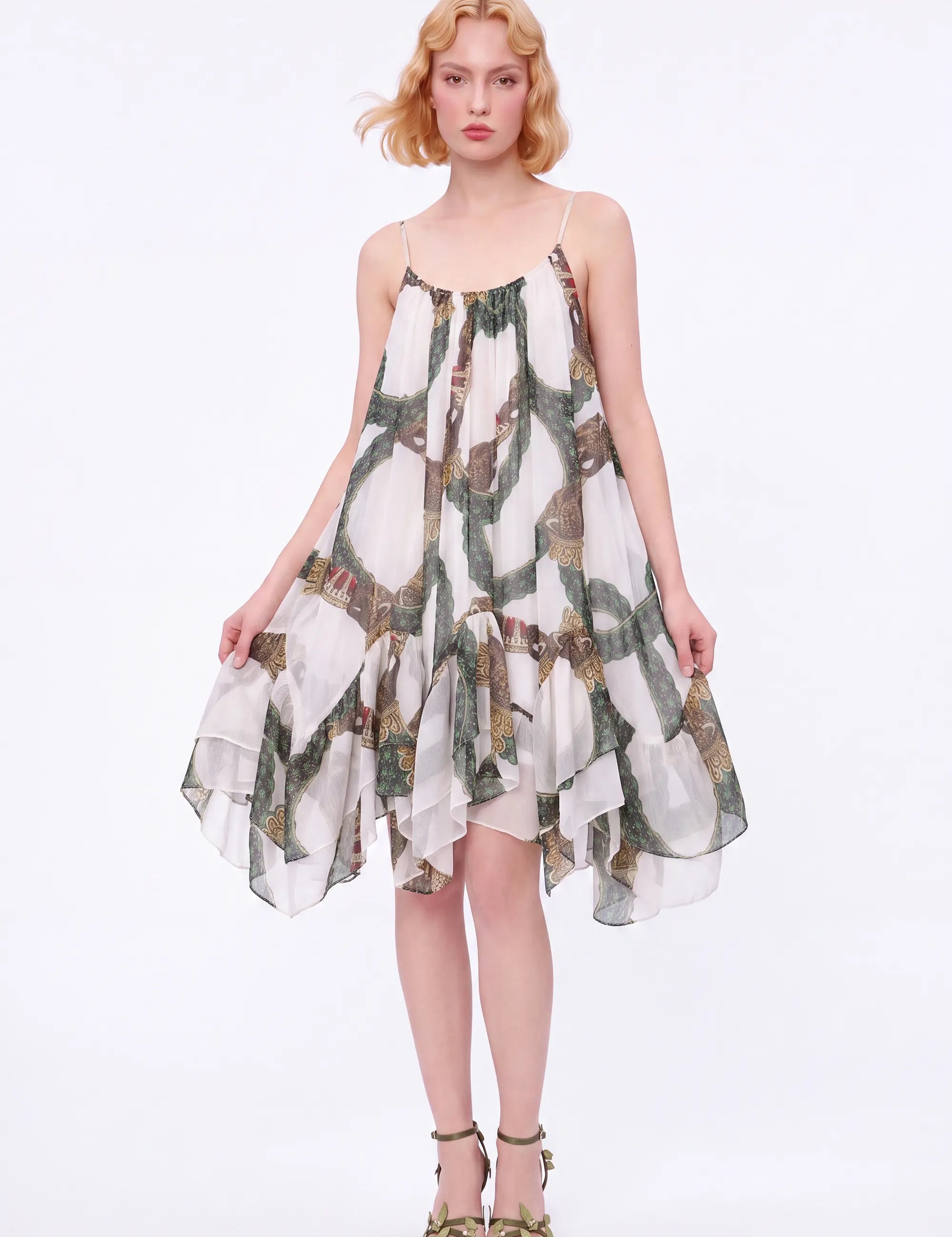 Green Ornamental-Print Tiered Cami Mini Dress — Model White Background View 2