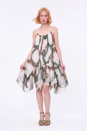 Green Ornamental-Print Tiered Cami Mini Dress — Model White Background View 2