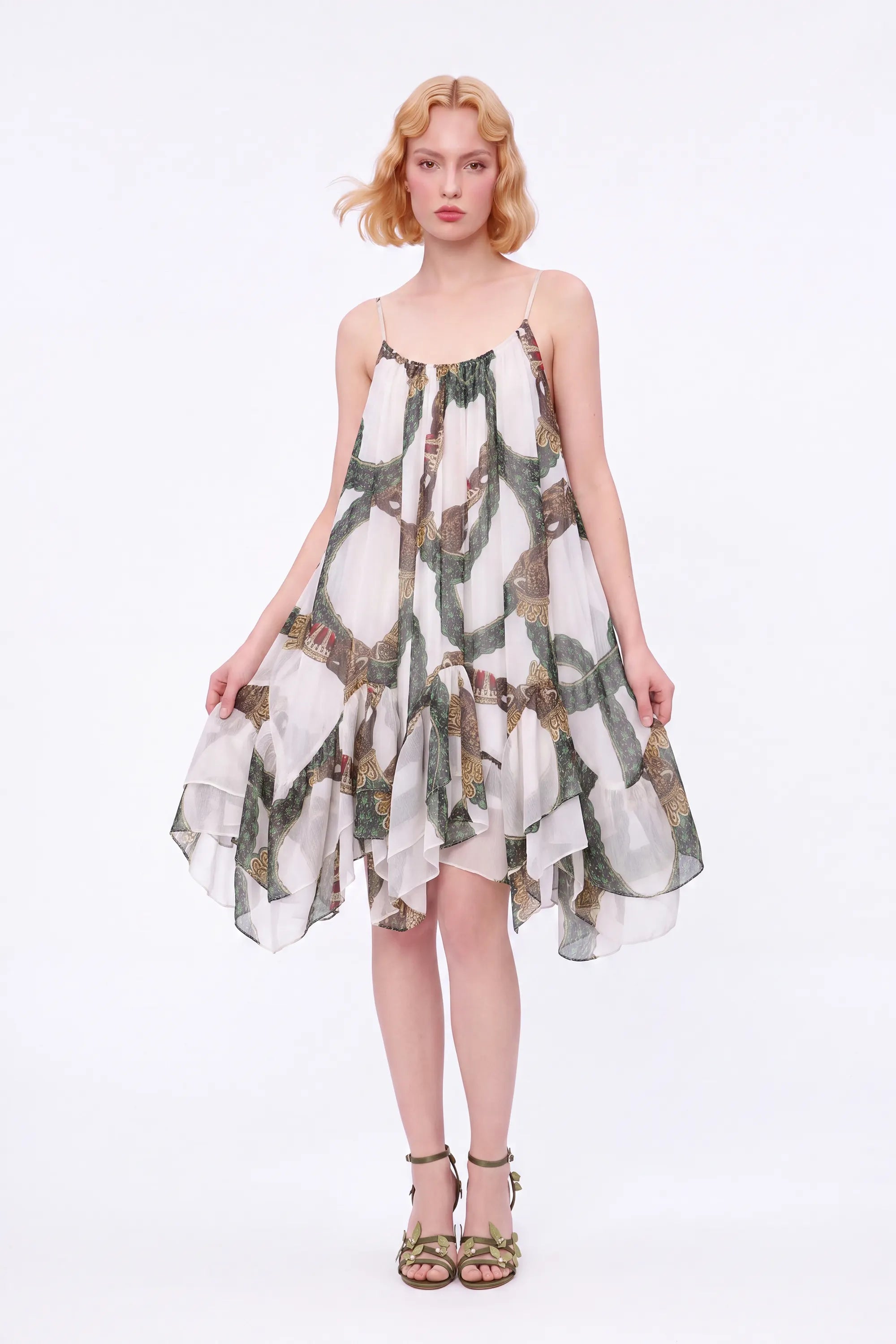 Green Ornamental-Print Tiered Cami Mini Dress — Model White Background View 2