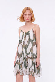 Green Ornamental-Print Tiered Cami Mini Dress — Model White Background View 4