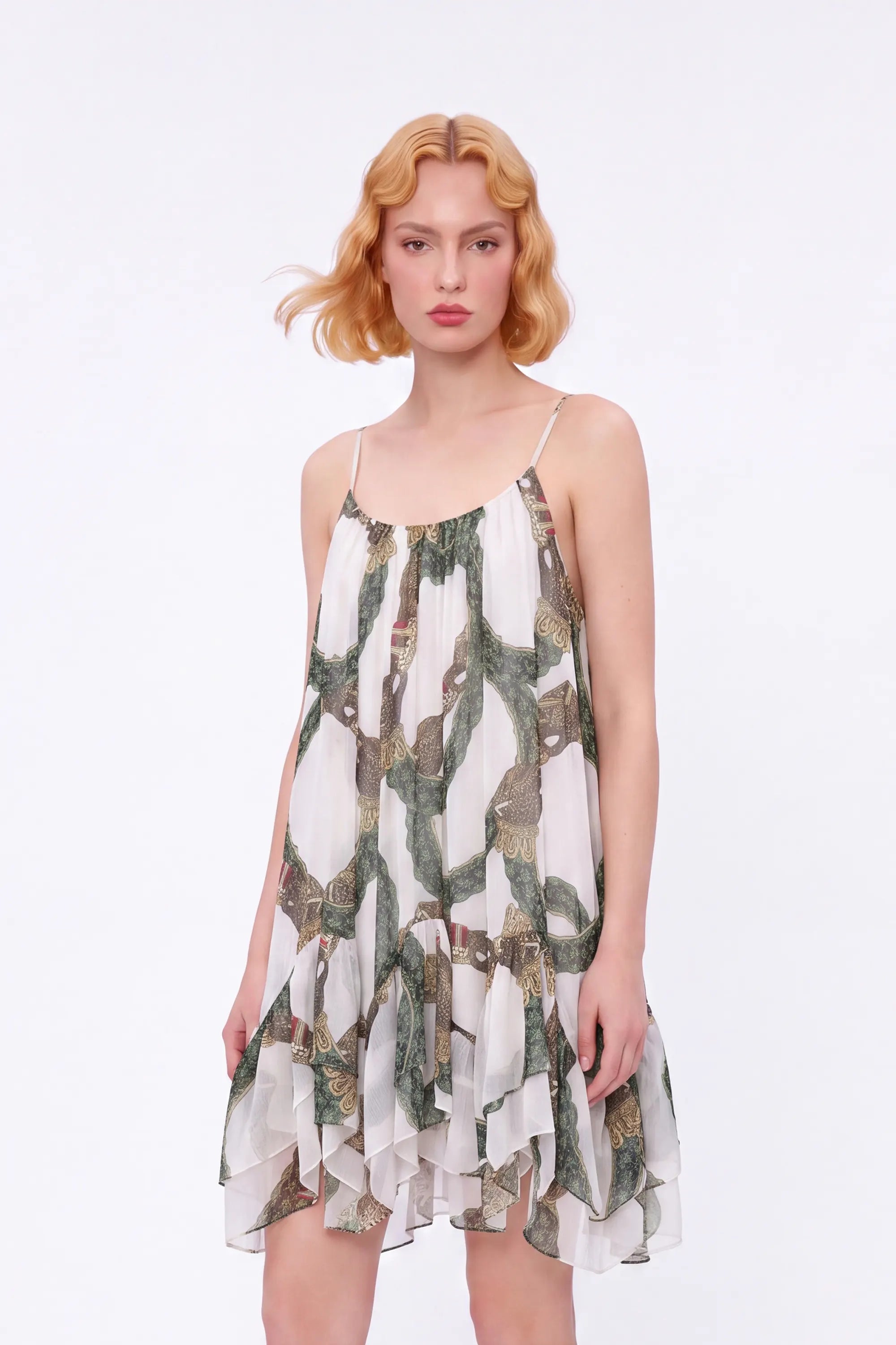 Green Ornamental-Print Tiered Cami Mini Dress — Model White Background View 4