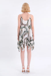 Green Ornamental-Print Tiered Cami Mini Dress — Model White Background View 5