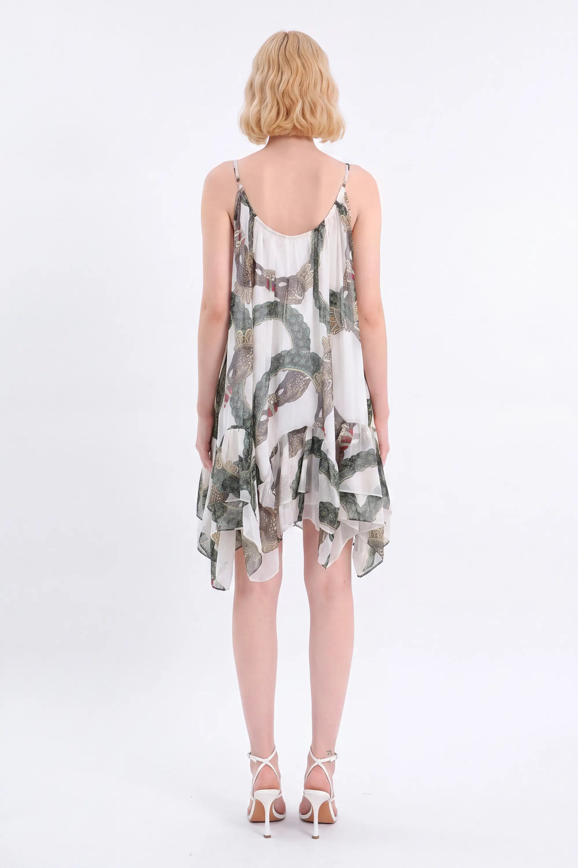 Green Ornamental-Print Tiered Cami Mini Dress — Model White Background View 5