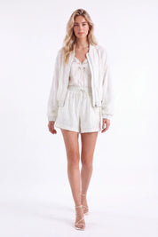 Iridescent Sequin Elastic-Waist Shorts — model front view 1