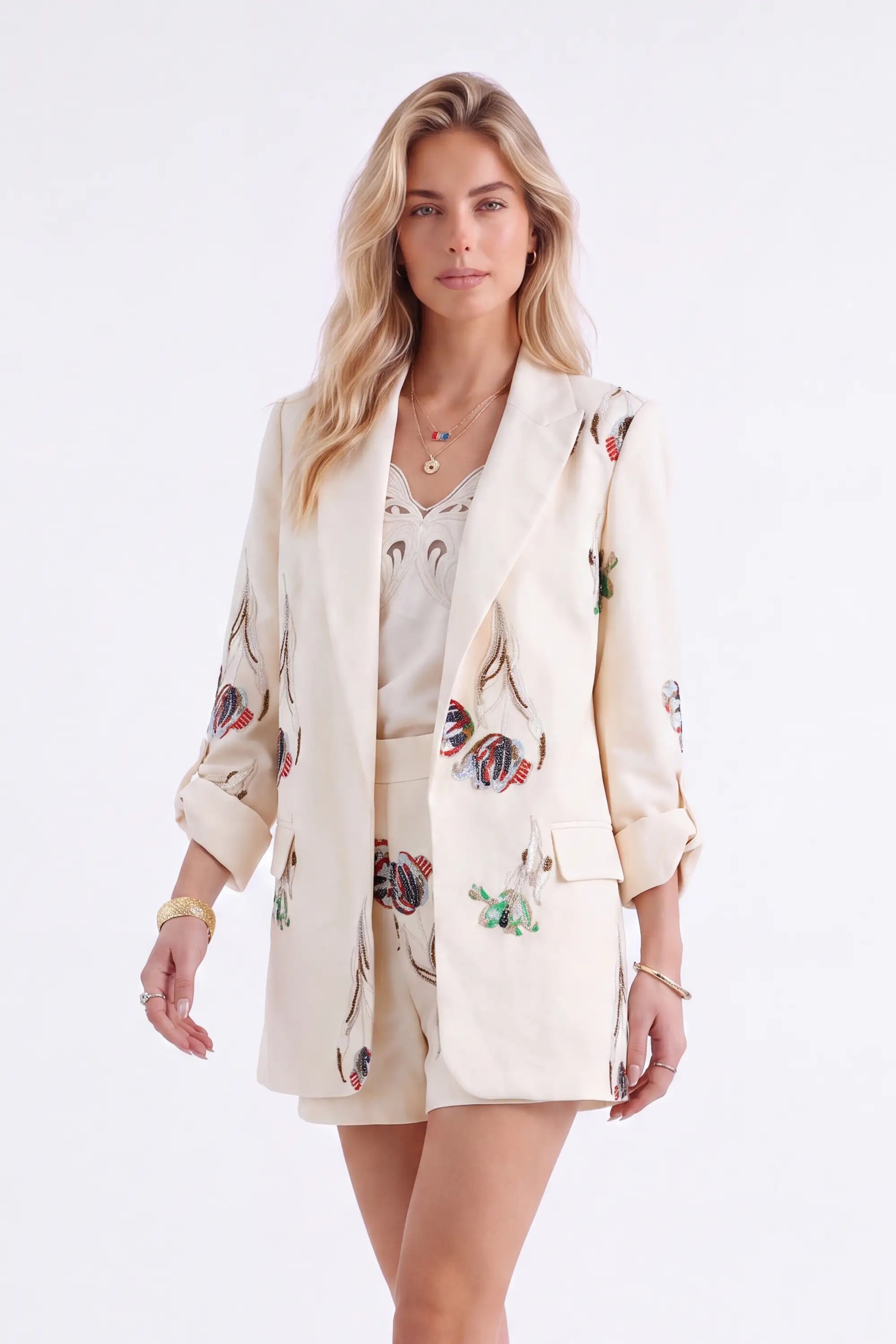 Ivory Floral-Embroidered Cotton-Blend Blazer — model front view 4