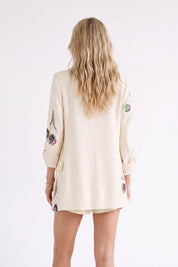 Ivory Floral-Embroidered Cotton-Blend Blazer — model front view 5