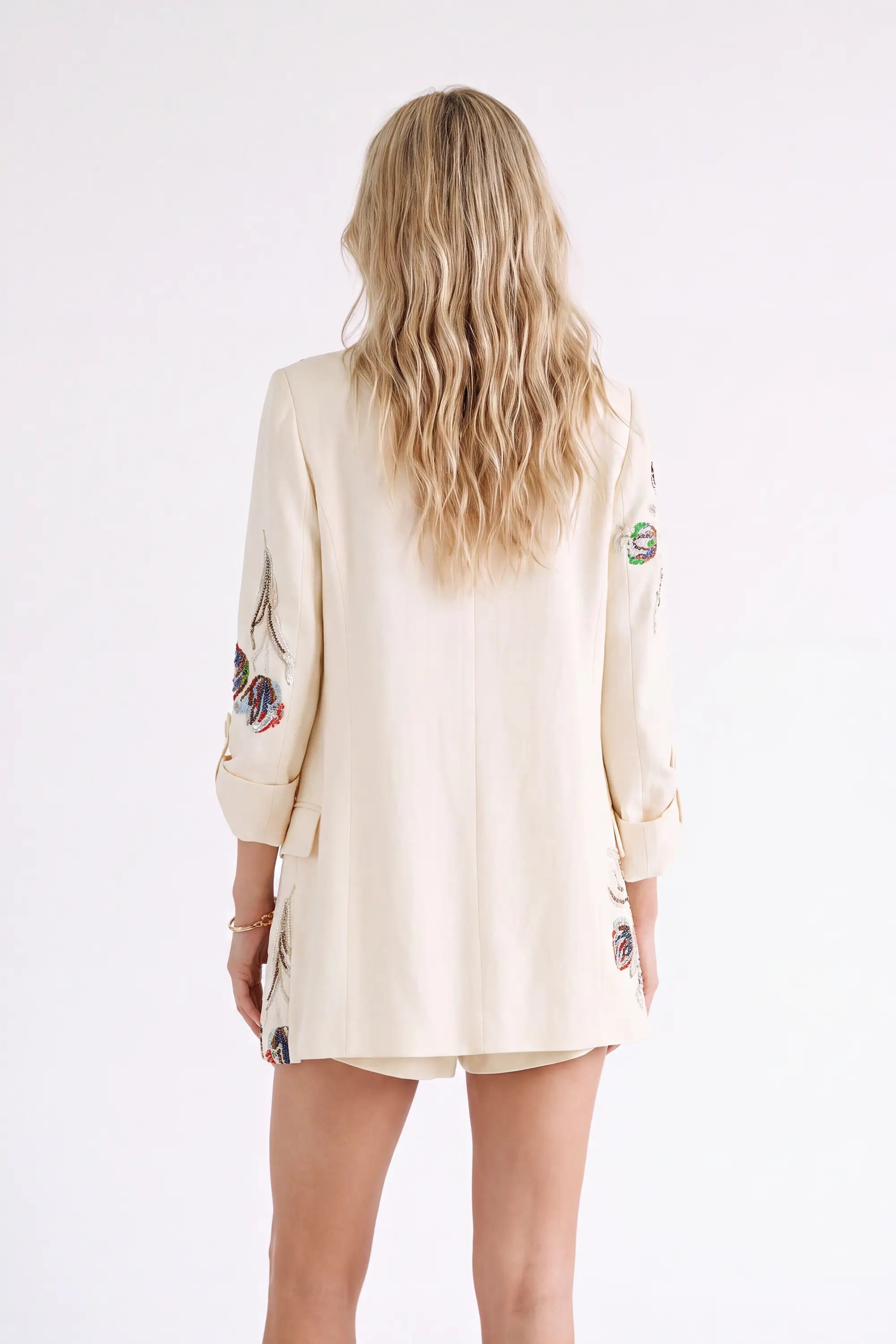 Ivory Floral-Embroidered Cotton-Blend Blazer — model front view 5