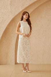 Elppis ivory floral lace sleeveless top and midi skirt styled together