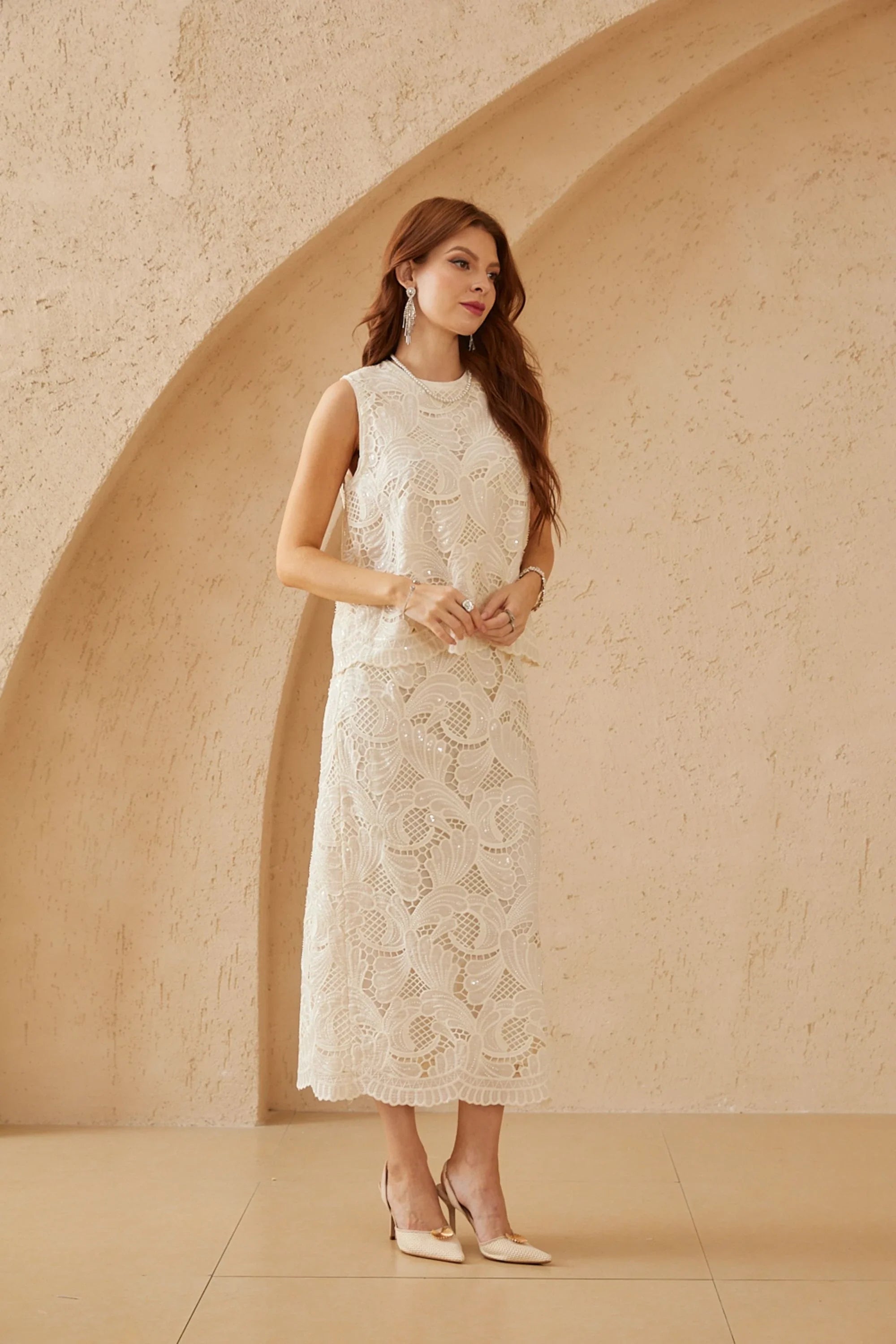 Elppis ivory floral lace sleeveless top and midi skirt styled together