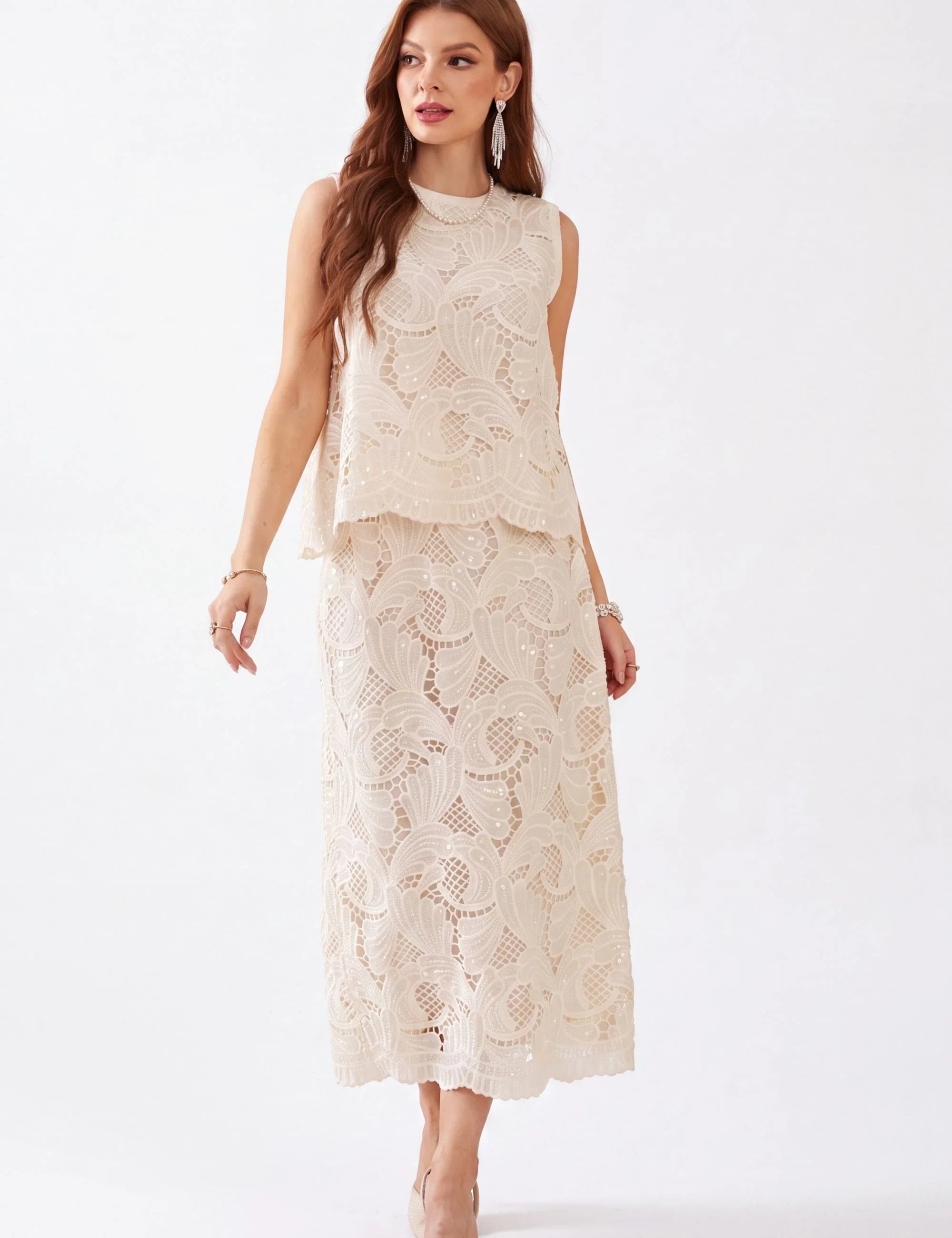 Elppis ivory floral lace sleeveless top and midi skirt on a white background