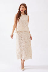 Ivory Floral Lace Midi Skirt with Scalloped Hem